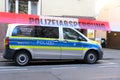 Frankfurt - March 2022: typical german police cars on streets of germany, frankfurt am main law enforcement officers guarding