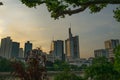 Frankfurt`s modern financial districts at sunset