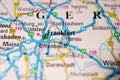 Frankfurt shown centrally on European road map.. Royalty Free Stock Photo