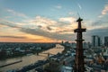 Frankfurt skyline from above, atmospheric, colorful sunrise. Cityscape in Germany with skyscrapers. city, sunset Royalty Free Stock Photo