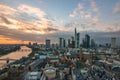 Frankfurt skyline from above, atmospheric, colorful sunrise. Cityscape in Germany with skyscrapers. city, sunset Royalty Free Stock Photo