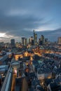 Frankfurt skyline from above, atmospheric, colorful sunrise. Cityscape in Germany with skyscrapers. city, sunset Royalty Free Stock Photo