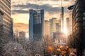 Frankfurt, skyline, skyscrapers in the snow, winter cold and it in Germany. In the morning at sunrise, roads in the snow Royalty Free Stock Photo