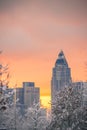 Frankfurt, skyline, skyscrapers in the snow, winter cold and it in Germany. In the morning at sunrise, roads in the snow Royalty Free Stock Photo