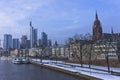 Frankfurt, Snowy day city view by the river Rhein, Germany, Europe