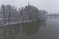 Frankfurt, Snowy day city view by the river Rhein, Germany, Europe
