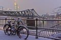 Frankfurt, Snowy night city view by the river Rhein, Snowy Bicycles, Germany, Europe