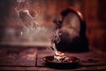 Frankincense burning on a hot coal. Aromatic frankincense.