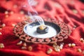 Frankincense burning on a hot coal. aromatic resin, used for religious rites, incense and perfumes, incense smoke