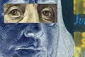 Franklin`s face close up with a stripe of censorship on his eyes on a 100 dollar bill. Unusual dark inverted illustration.