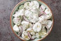 Fransk Potatissallad New potato salad with pickles, dill and red onion with creme fraiche dressing close-up in a plate. Horizontal