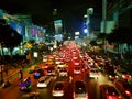 Frantic traffic jam shot from above on the busy streets of Bangkok at night. Royalty Free Stock Photo