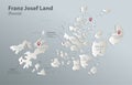 Franz Josef Land map, administrative division with names, blue white card paper 3D