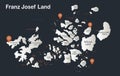 Franz Josef Land map, Infographics flat design colors snow white, with names of individual regions