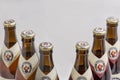 Franziskaner Weissbier bottles closeup against white background. Kyiv, Ukraine