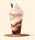 Frappe Coffee latte with whipping cream in watercolor drawing style