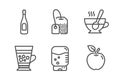 Frappe, Tea cup and Tea bag icons set. Champagne, Water cooler and Apple signs. Cold drink, Coffee with spoon. Vector Royalty Free Stock Photo