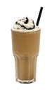 Frappuccino with cream and sauce on white background