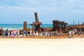 People at the Maheno shipwreck on 75 mile beach, one of the most popular landmarks on Fraser Island, Fraser Coast, Queensland, Aus Royalty Free Stock Photo