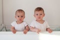 Fraternal twins sisters standing in crib. Two babies Royalty Free Stock Photo