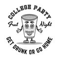 Fraternity collage party vector monochrome emblem, badge, label or logo with plastic cup of beer cartoon smiling