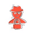 Fraud hacker icon in comic style. Spy cartoon vector illustration on isolated background. Cyber defend splash effect business Royalty Free Stock Photo