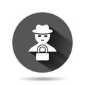Fraud hacker icon in flat style. Spy vector illustration on black round background with long shadow. Cyber defend circle button
