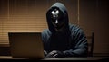 Fraudster, hacker in a mask sitting at a laptop. AI generative