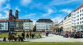 Frauenkirche cathedral towers over Marienhof park in Munich, Ger