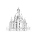 Frauenkirche, Church of our Lady in Dresden, Germany. Black and white drawing sketch. Illustration