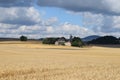settlement with church Fraukirch between ripe grain fields in summer