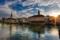 Fraumunster Church and old town zurich by Limmat river at sunset, Switzerland Royalty Free Stock Photo