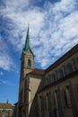 Fraumunster church tower with clock in Zurich city Switzerland. Low angle, summer day, no people