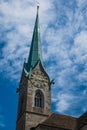 Fraumunster church tower with clock in Zurich city Switzerland. Low angle, summer day, no people