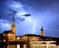 Fraumunster - Zurich with lightning Royalty Free Stock Photo