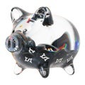 Frax Share (FXS) Clear Glass piggy bank with decreasing piles of crypto coins.