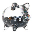 Frax Share (FXS) Clear Glass piggy bank with decreasing piles of crypto coins.