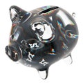 Frax Share (FXS) Clear Glass piggy bank with decreasing piles of crypto coins.