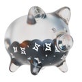 Frax Share (FXS) Clear Glass piggy bank with decreasing piles of crypto coins.