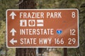 A `Frazier Park` and `Interstate 5` sign, showing distance to the state and interstate highways.