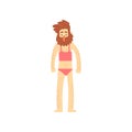 Freak bearded man character in womans bathing suit, creative party in crazy style, freaky masquerade or carnival costume