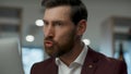 Freaked businessman arguing online coworking closeup. Executive having disagree Royalty Free Stock Photo