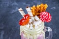 Freakshake from pink smoothie, cream. Monstershake with lollipops, waffles and marshmallow. Extreme milkshake in a Mason jar. Gray Royalty Free Stock Photo