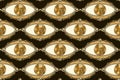 Freaky money pattern with ellipses like eyes with gold coins, chains