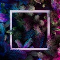 Freaky neon background made of Christmas tree branches and frame. Flat lay. Concept art.