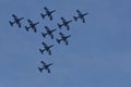 Frecce Tricolori fighter planes in the blue sky