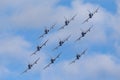 Frecce Tricolori formation display team of the Italian Air Force Aeronautica Militare Italiana flying Aermacchi MB-339PAN aircra