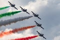 Frecce Tricolori formation display team of the Italian Air Force Aeronautica Militare Italiana flying Aermacchi MB-339PAN aircra Royalty Free Stock Photo