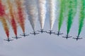 Frecce Tricolori formation display team of the Italian Air Force Aeronautica Militare Italiana flying Aermacchi MB-339PAN