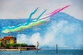 Frecce Tricolori Italian Air display team performing formation flyby with their airplanes over Lago Maggiore in Arona with the Royalty Free Stock Photo